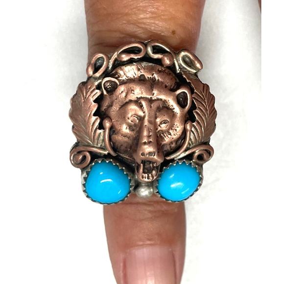 Native American Copper Over Sterling Navajo Running Bear Turquoise Ring Sz 6.75 - Picture 1 of 11